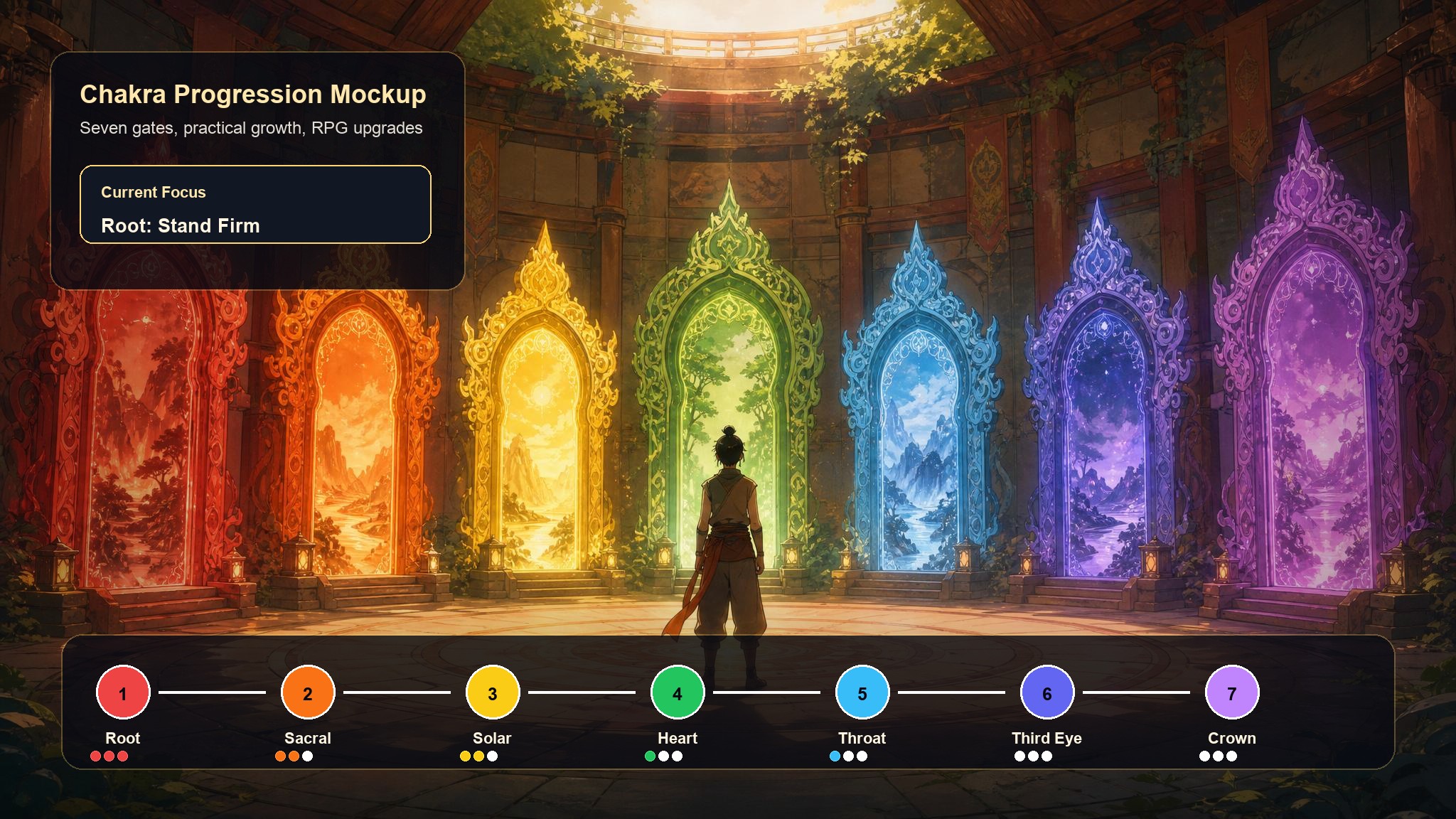 Prototype chakra progression mockup showing seven colored gates and RPG progression pips.