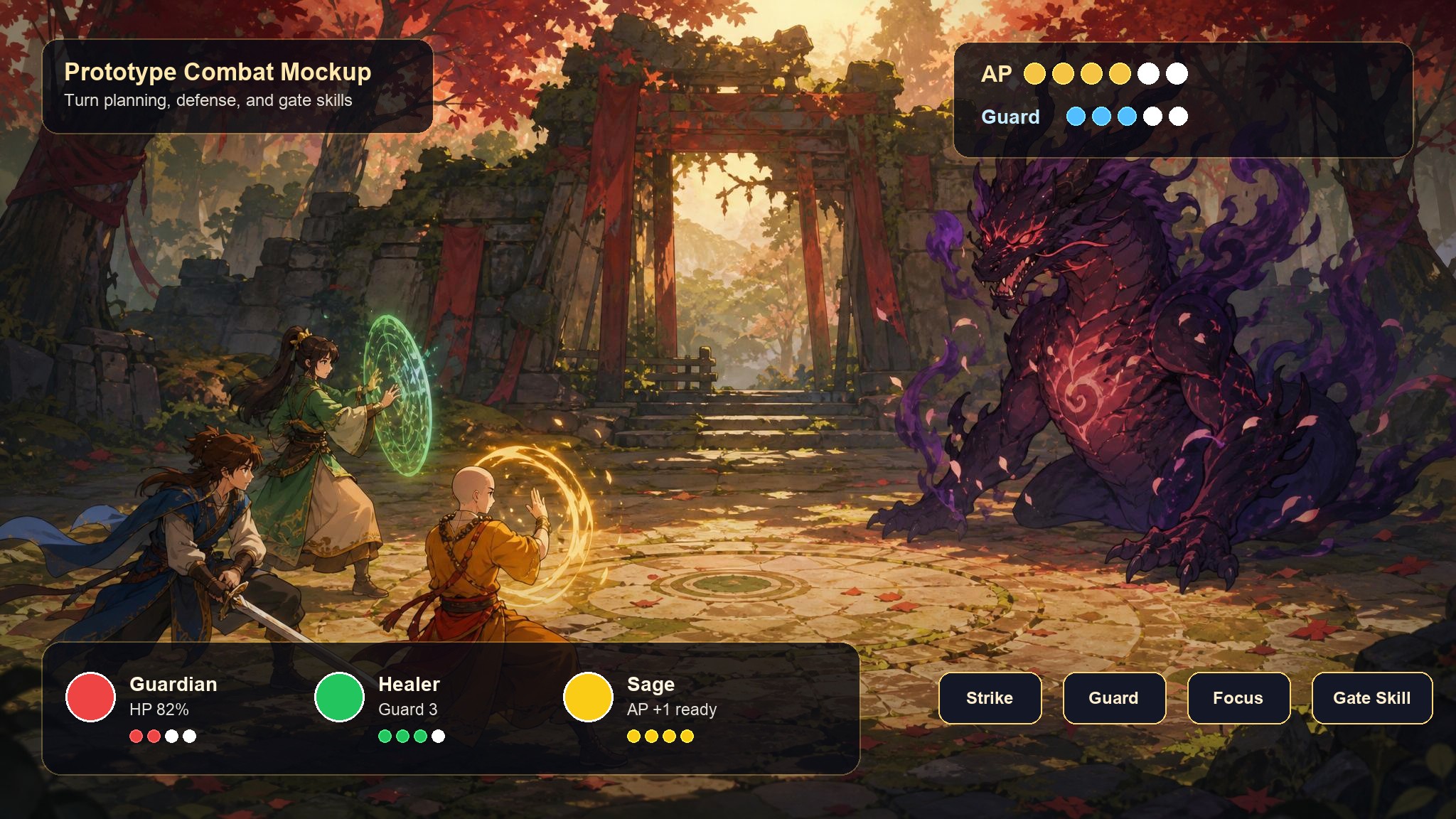 Prototype combat mockup showing heroes, an enemy dragon, AP pips, Guard pips, and action buttons.