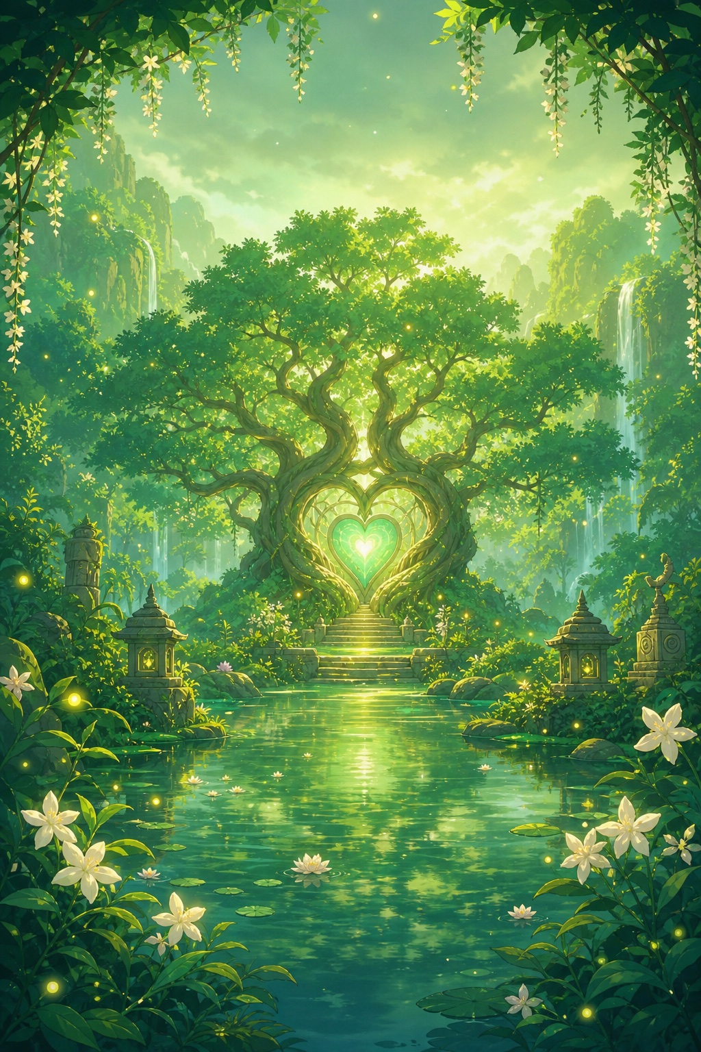 Green heart sanctuary with a luminous tree and reflecting water.