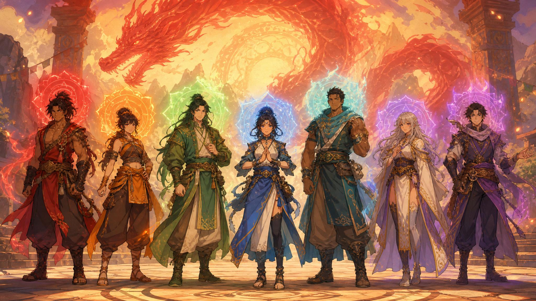 Seven Dragons Within key characters arranged in a chakra-colored party lineup beneath a red dragon.