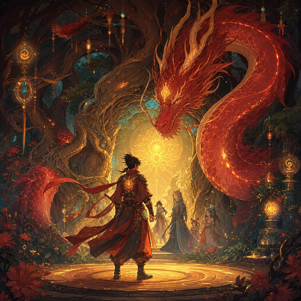 Hero facing a red dragon at a glowing forest gate.