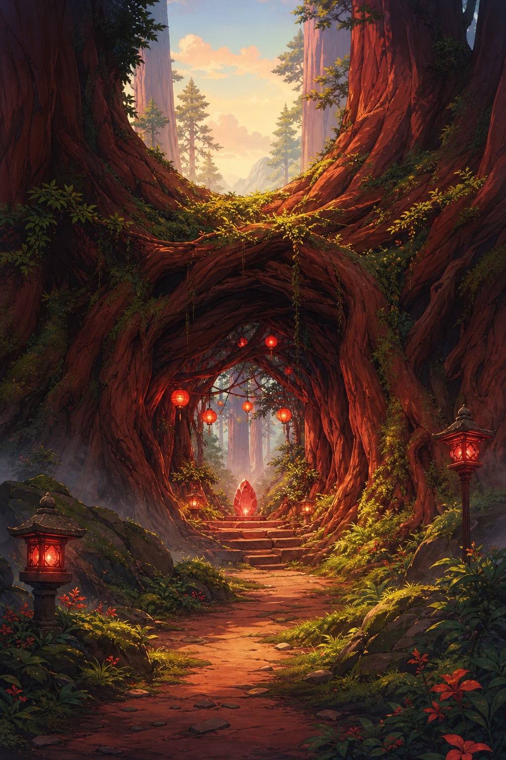 Redwood forest path leading to the Root Gate crystal shrine.