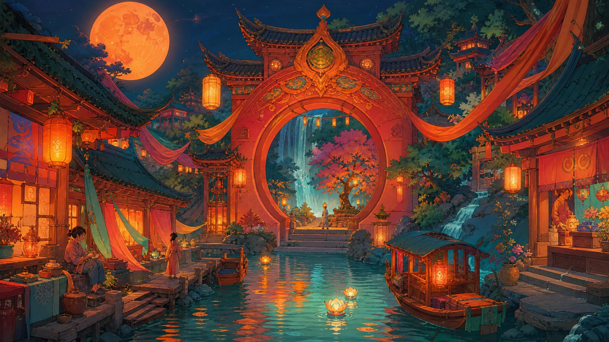 Orange moonlit river market and temple garden forming the Sacral Gate environment.