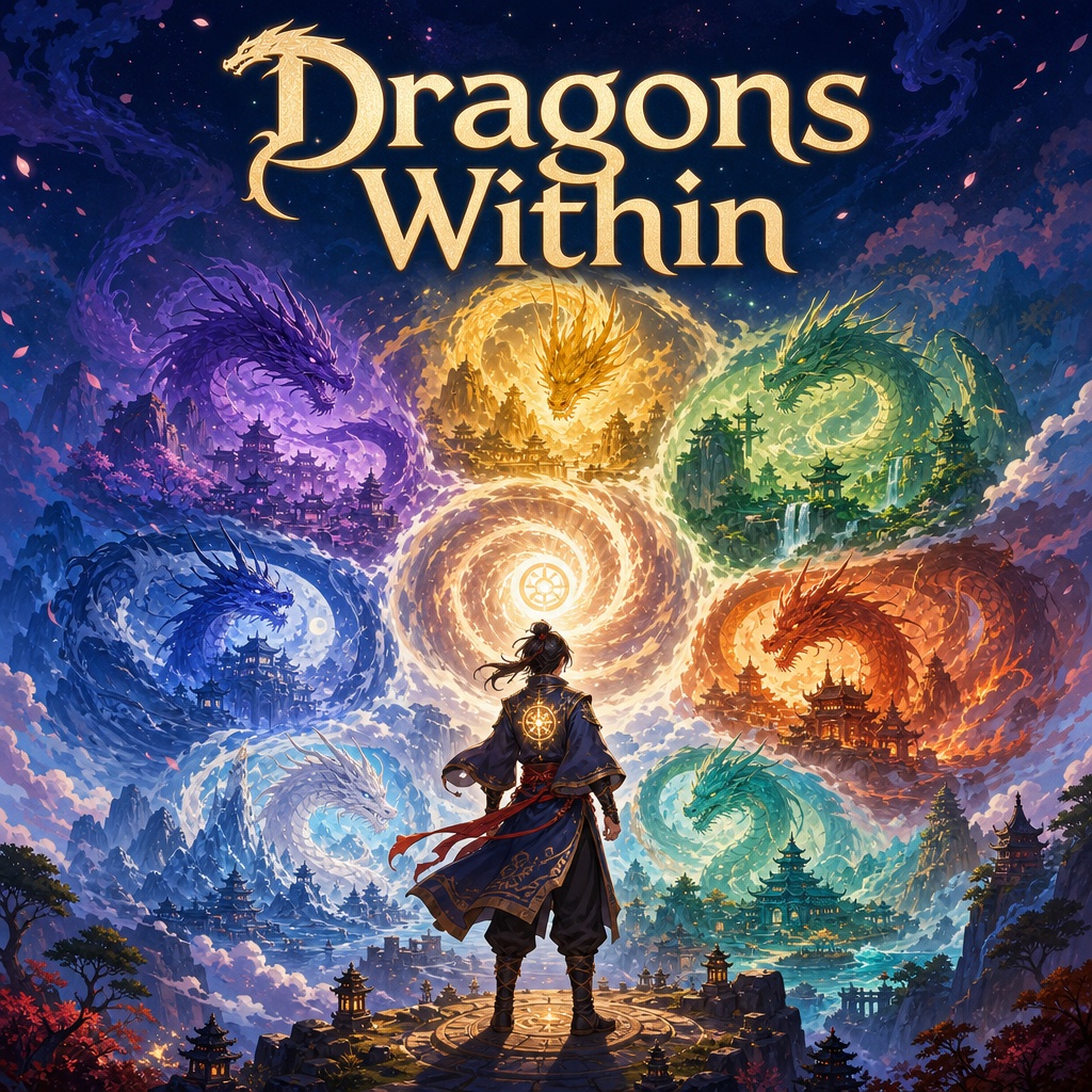 Dragons Within store key art showing seven dragon gates around a hero.