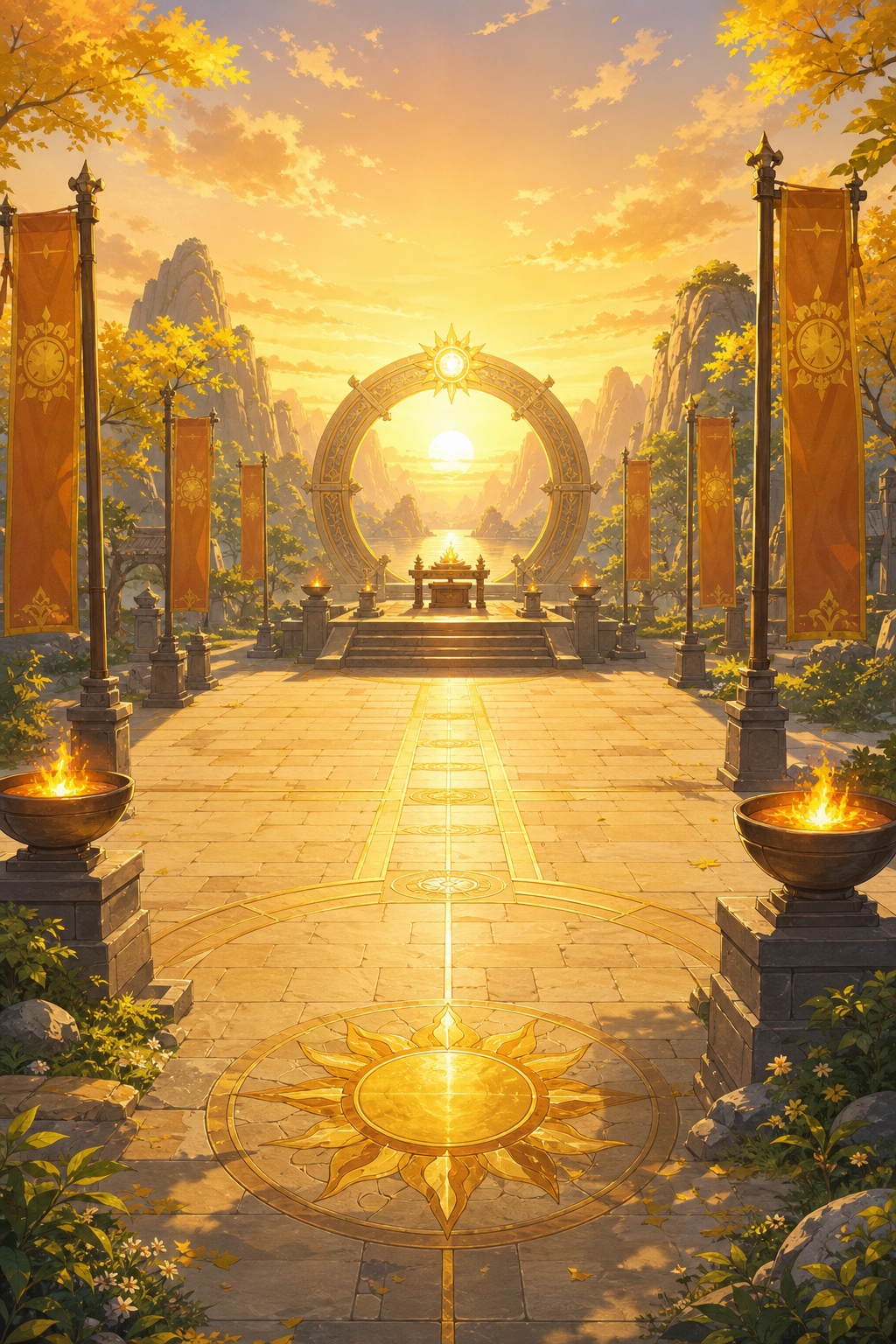 Golden sun gate temple with banners and mountain light.