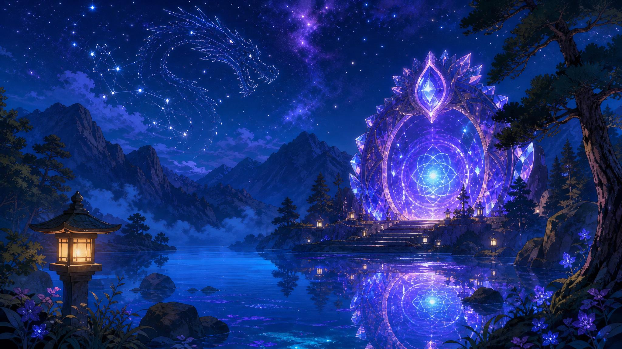 Indigo mountain lake reflecting a crystal Third Eye Gate and a dragon constellation.