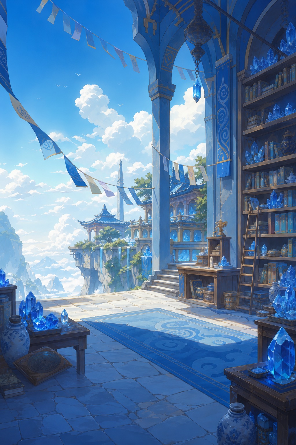 Blue crystal sanctuary library in the clouds.